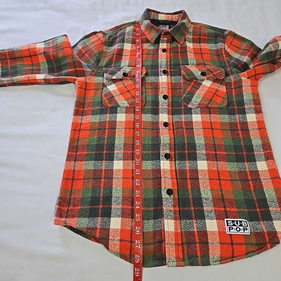 SUB POP Records Camano Flannel Shirt Orange Autumn Plaid Men's S Woven Cotton