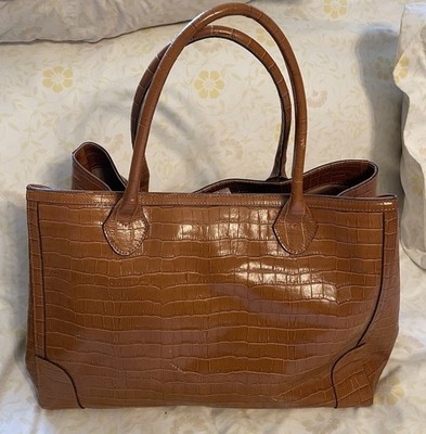 CLAUDIA FIRENZE Large Tan Leather Croc Embossed XL Tote Bag Purse