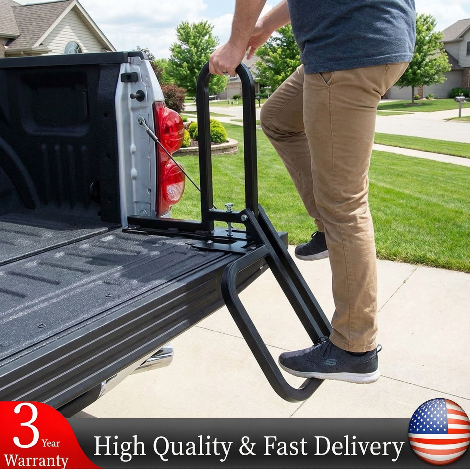 Foldable Pickup Truck Tailgate One-Step Ladder - Universal Fit, 300LBS Capacity