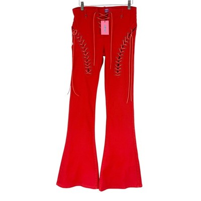 Edikted Red Lace Up Flare Pants Size S High Waist Corset Front & Side Detail NWT