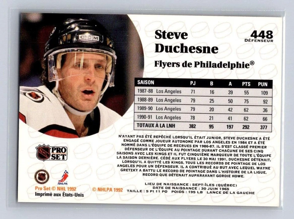 1991-92 Pro Set #448 Steve Duchesne Philadelphia Flyers - Image 2 of 2