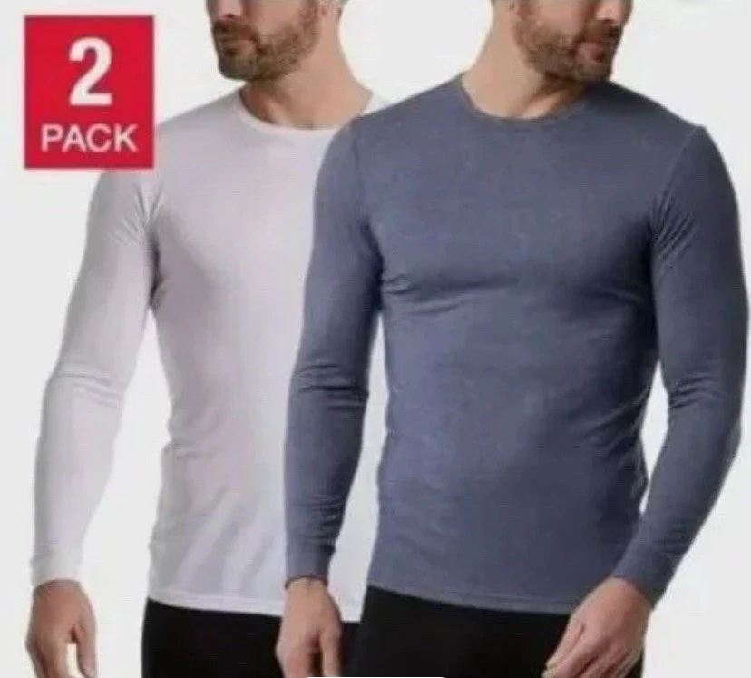 32 Degrees Heat 2 PK Tee Shirt Mens Long Sleeve Crew Neck White/Heather Blue XL