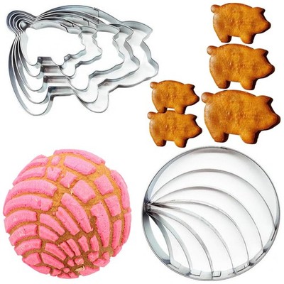 Concha Cutter Mexican Bread Mold 4.1in with 5 Sizes Pig Cookie /, Silver 