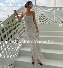 ZARA NEW WOMAN LONG STRAPPY SEQUIN SLIP DRESS SILVER S,M,L 1223/454/808