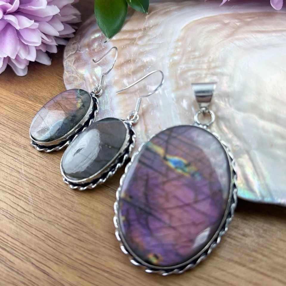 Conjunto de Joyas Pendientes Colgantes Labradorita Púrpura Natural Ovalados Vintage Boho Nuevo Foto 2 de 4