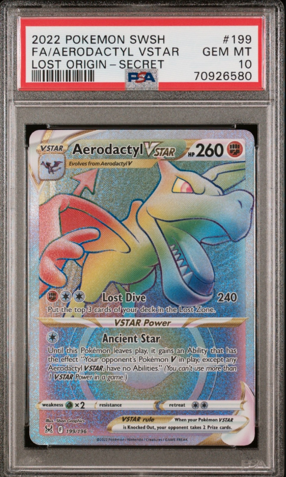 PSA 10 Aerodactyl VSTAR 199/196 Lost Origin Rainbow Secret Rare Pokemon Card