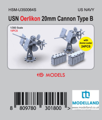 HS Model USN Oerlikon 20mm Type B 1/350 Gun Set 15+Ammo Lockers HSM-U350064S