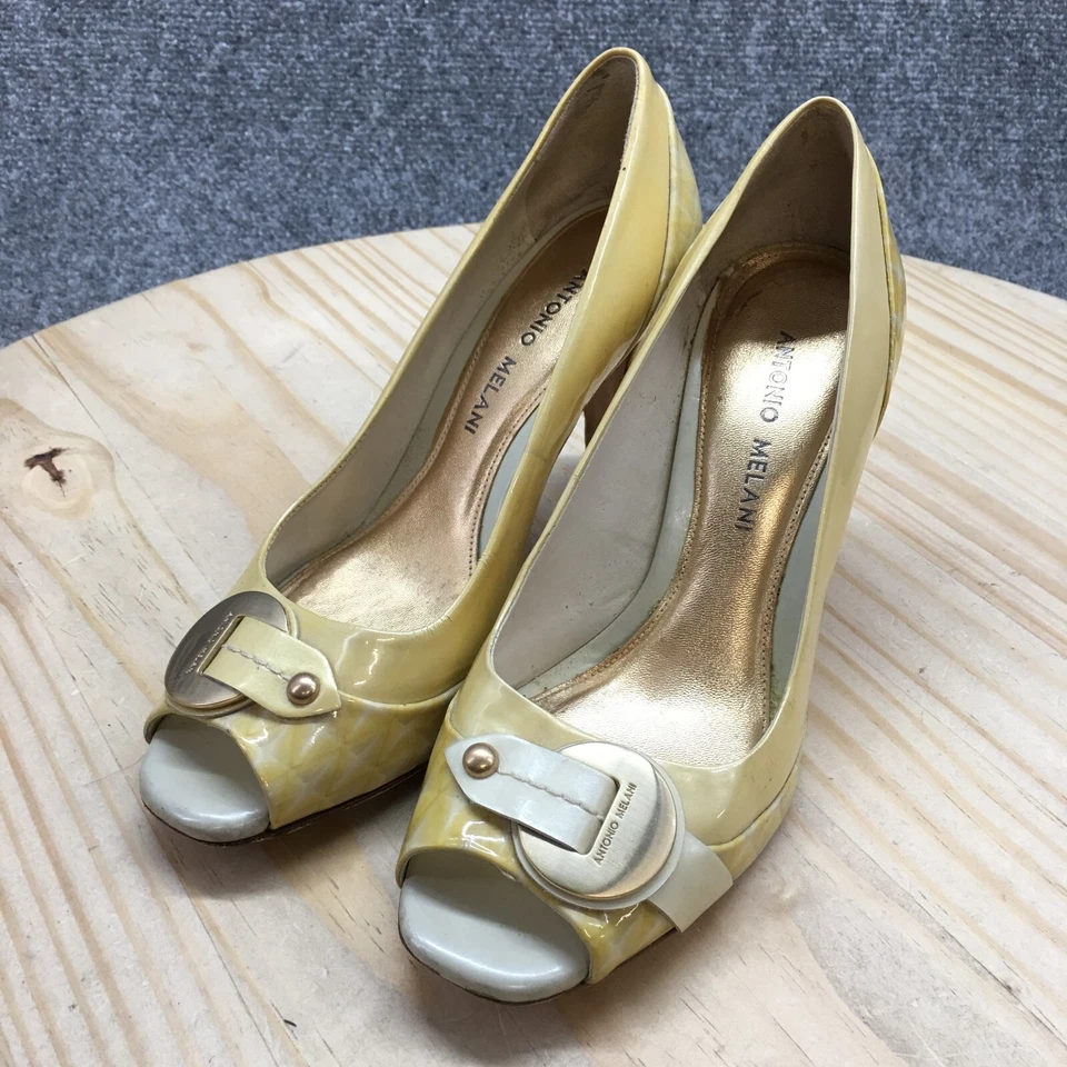 Antonio Melani Heels Womens 6.5 M Slip On Peep Toe Pumps Yellow Patent Leather - Image 3 of 4