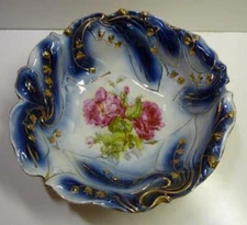 Antique Bavaria Germany Porcelain Hand Painted Bowl Cobalt Roses Gold Lilies