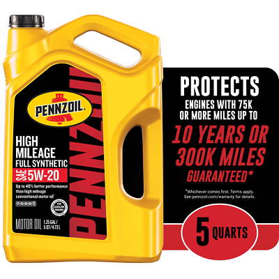 Pennzoil High Mileage Full Synthetic 5W-20 Motor Oil 5Quart ExcellentPerformance