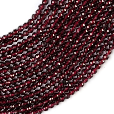 Natural Red Garnet Gemstone Round Micro Faceted Beads String 15.5 Inches Long