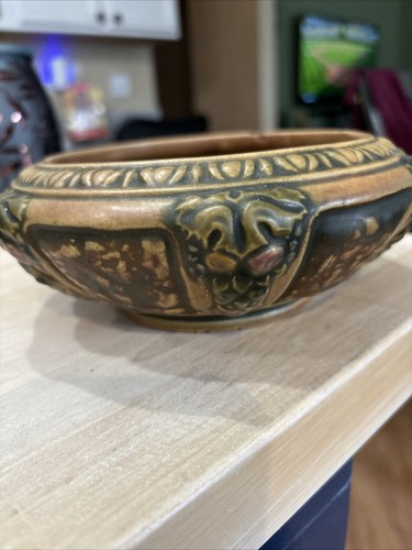 Roseville Pottery Florentine Low Bowl Fruit and Leaf Design Brown Green - Picture 2 of 10