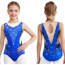 Kids Girls Bodysuit Sparkling Dancewear Practice Jumpsuit Unitard Metallic Back