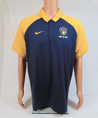 Nike MLB Milwaukee Brewers Clubhouse Blue Golf Polo Baseball Shirt Sz L NEW  RARE