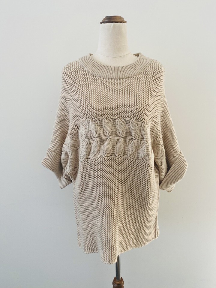 Picnic Chunky Cable Knit Jumper Size S Wool Blend Beige Short Sleeve 