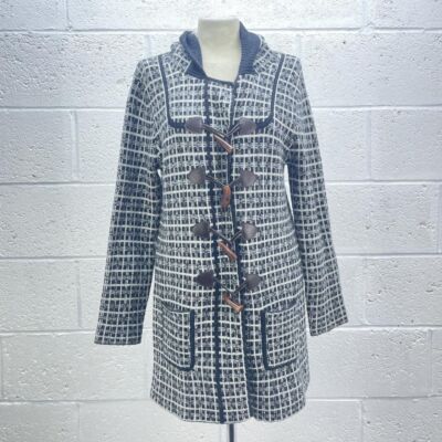 FRENCH CONNECTION BLACK GREY CHECKERED COAT LONGLINE WOOLY HOODED Y2K UK S
