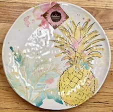 Outdoor Collection Yellow Pineapple Floral MELAMINE Dinner Plates Set 4
