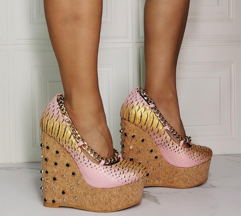 Womens New Fashion Round Toe Serpentine Metal Chain Rivet Shoes Wedge ...
