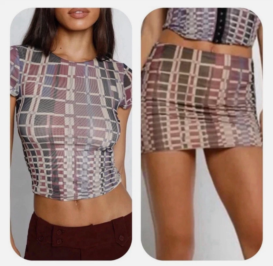 Tiger Mist Retro Cuadros Malla Camiseta (Talla S) y Falda (Talla M) Conjunto Foto 2 de 2