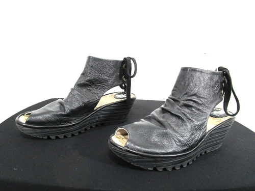 Fly London Yema Black Leather Peep Toe Wedge Bootie Sandals Women 9 US/40 EU