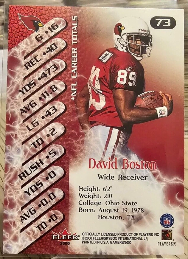 2000 Fleer Gamers David Boston #73 Arizona Cardinals - Image 2 of 2