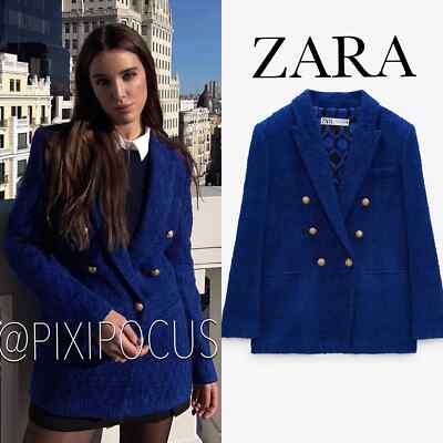ZARA NEW TEXTURED DOUBLE-BREASTED BLAZER JACKET ROYAL BLUE S SMALL