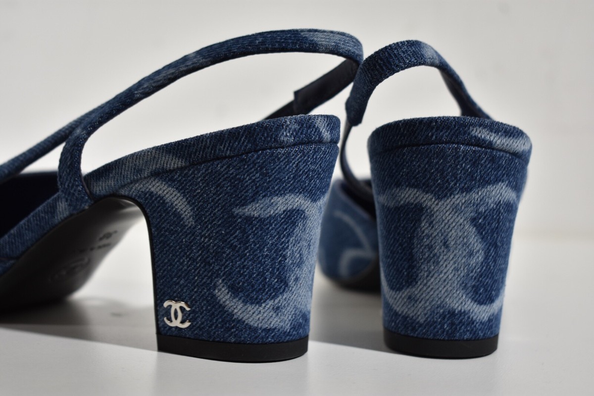 CHANEL・23cm・ヒール7cm Chanel 23B Coco Sling Dark Blue Denim White CC Logo
