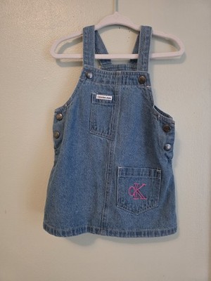 Calvin Klein Jeans Girls Blue Denim Overall Dress 18M Pockets Logo Sleeveless