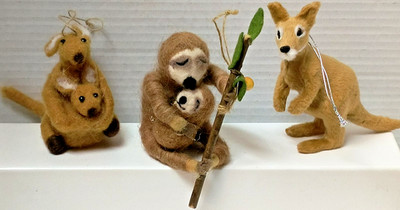 SET OF 3 NEEDLE FELTED ANIMAL ORNAMENTS/SLOTH,DEER,KANGAROO 3-5 inch