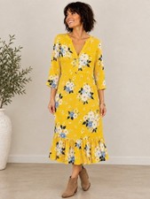 Old Navy Mustard Yellow Floral Peasant Midi Dress Size L Boho Gauzy Rayon