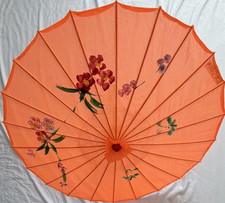Hand-Painted Japanese Orange Parasol with Floral Design