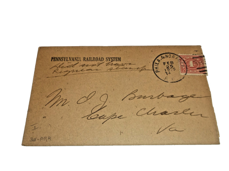 1925 PRR PENNSYLVANIA RAILROAD PHILADELPHIA & NORFOLK RPO COMPANY ENVELOPE