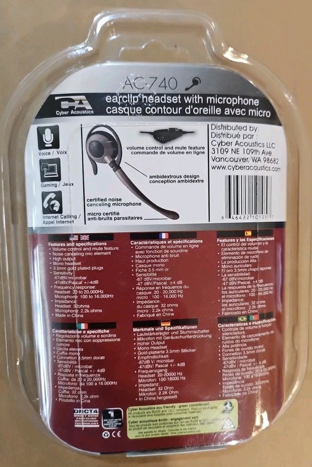 New Cyber Acoustic AC-740 Earclip Headset With Microphone Mono Mini Headphone - Image 2 of 4