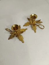 Vintage Brass Holly Leaf Candle Holders Layered Leaves Set Of 2 Handcrafted