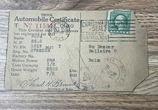Ford Model T Truck 22.5 Horsepower Automobile Certificate