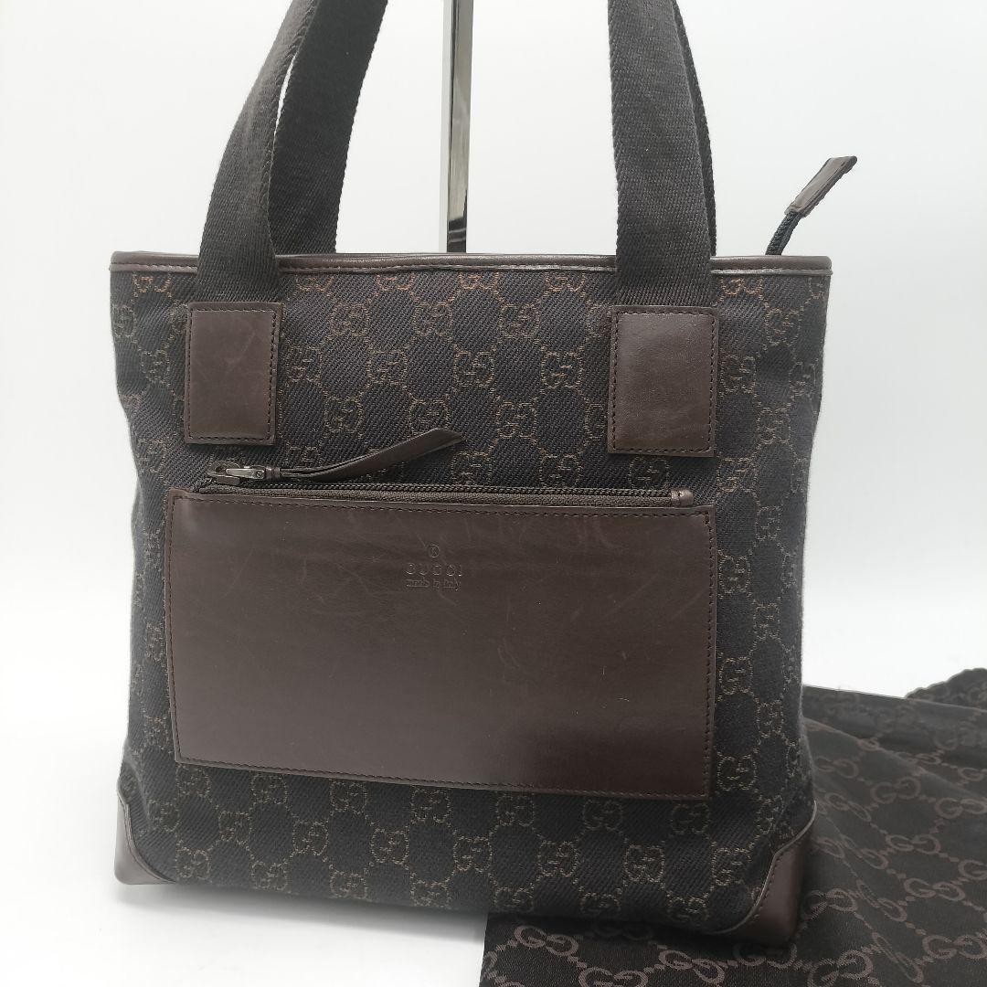Gucci Dark Brown Canvas Leather Tote Bag 9.8x9.1x4.3in Pre-Owned