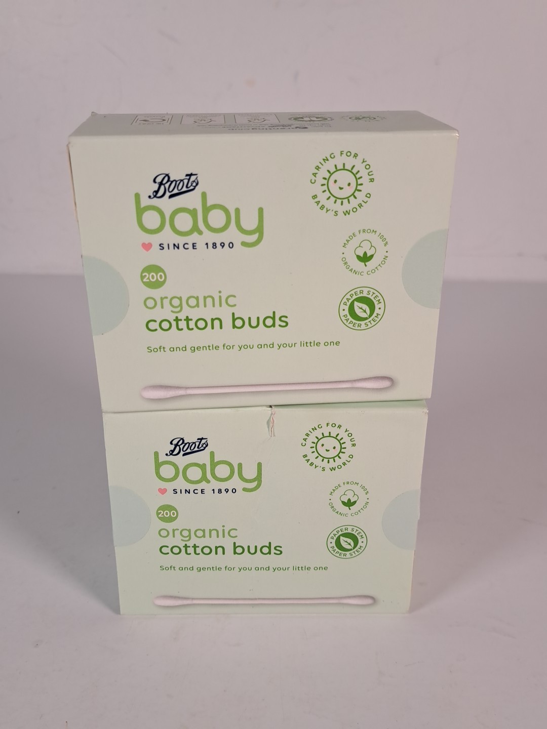 BOOTS Baby Organic Cotton Buds 2 x 200 BNIB Paper Stem Soft and Gentle