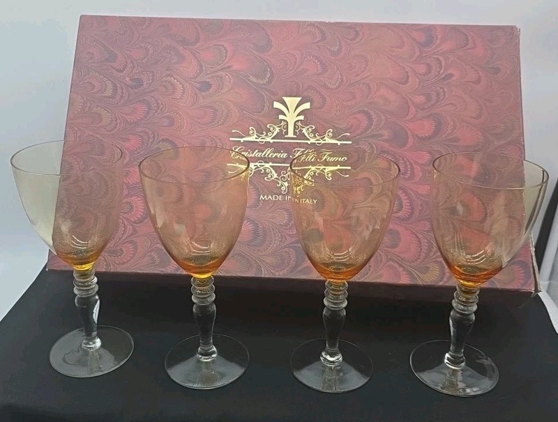 Cristalleria Fratelli Fumo Wine Glasses Set (4) Amber Made In Italy