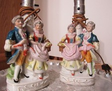 Pair of lamps Made in Occupied Japan porcelain 18th century-style figures 10 in