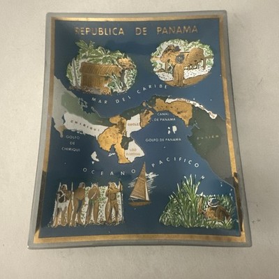 VTG Republica De Panama Glass Trinket Dish Ashtray Tray Plate Houze Art USA