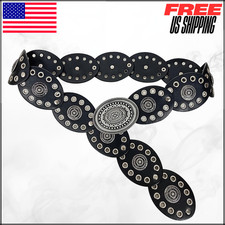 Womens Wide Western Cowboy Disc Belt Vintage Cowgirl Concho Leather Belts Boho