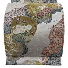 JAPANESE KIMONO BELT FUKURO OBI PURE SILK SILVER ROKUTSU-GARA XX12683