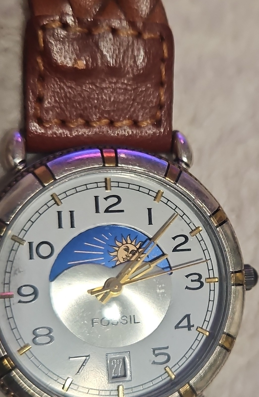 Vtg Fossil EC-8859 Moonphase Watch Brown Braided Leather Band, Needs New Battery
