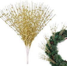 Gold 10 Pack Christmas Tree Decorations Artificial Glitter Berry Stems Holiday