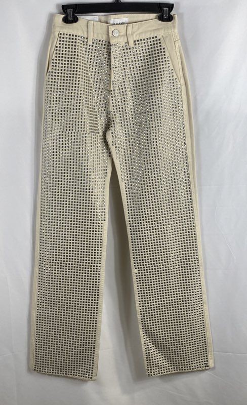 Frame Women's NWT Le Jane Studded High Rise Straight Jeans Ivory Size 24