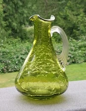 Vintage Pilgrim Crackle Glass Pitcher, Olive Green, Ribbed Handle, 4.5”