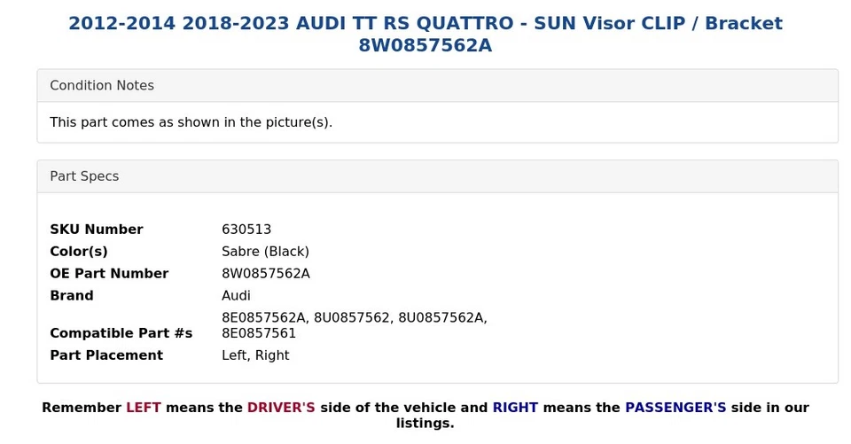 AUDI TT RS QUATTRO 2012-2014 2018-2023 - CLIP/soporte parasol 8W0857562A Foto 4 de 4