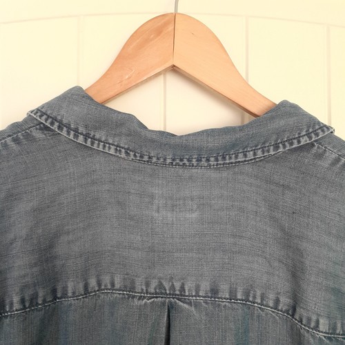 Chico's Tencel Collar Split Neck Top Roll Tab Sleeves Fringe Blue Size 3/Size XL - Picture 5 of 11