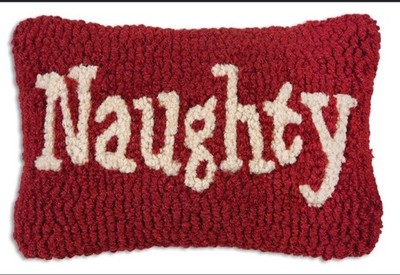 Chandler 4 Corners Hand Hooked Wool Pillow ''Naughty'' Christmas Holiday Santa NEW