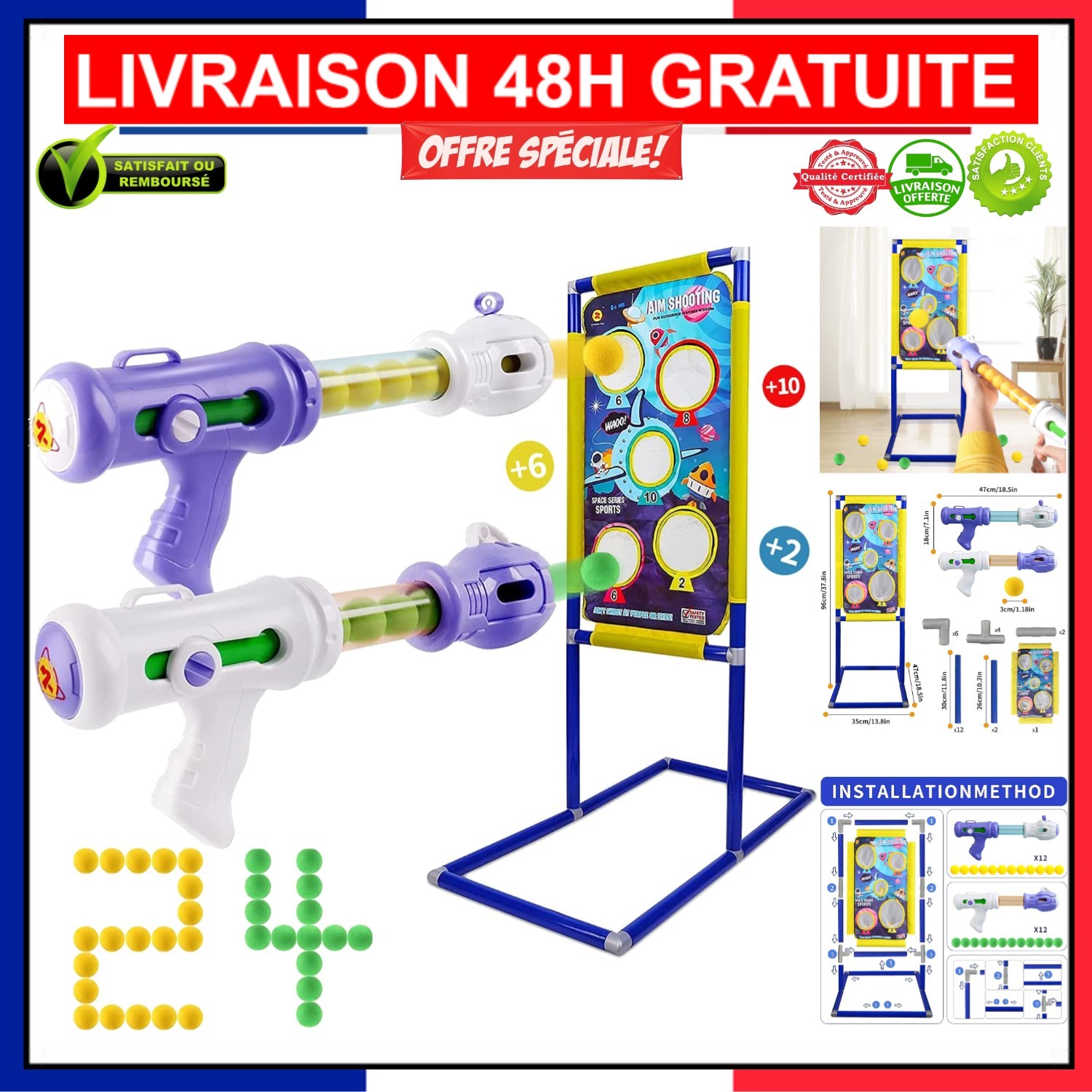 Pistolets à air de précision pour enfant et 24 balles en mousse anti-impact bleues